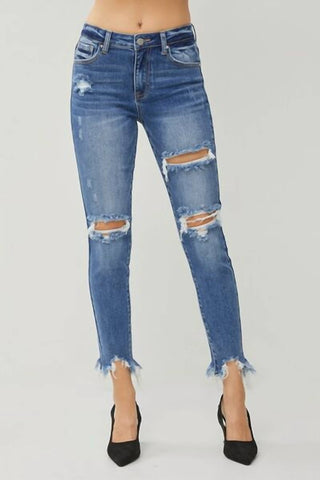 Risen - High Rise Distressed Frayed Hem Skinny Jeans