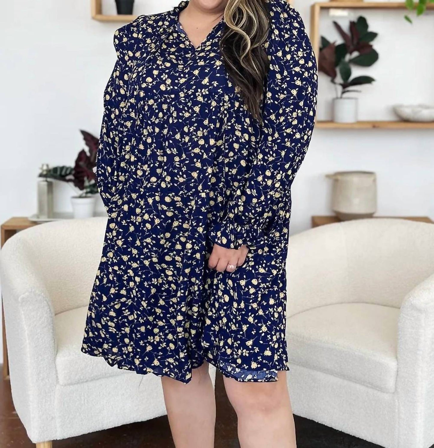 Double Take - Full Size Printed Ruffle Hem Long Sleeve Tiered Dress