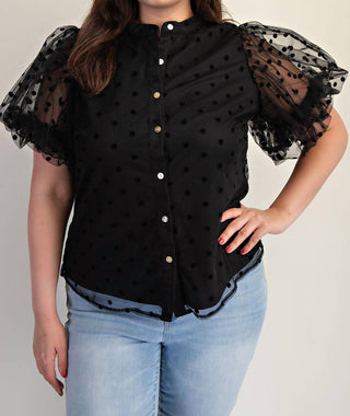 The Curve La - Plus Size Dot Mesh Knit Shirt With Puff Sleeve