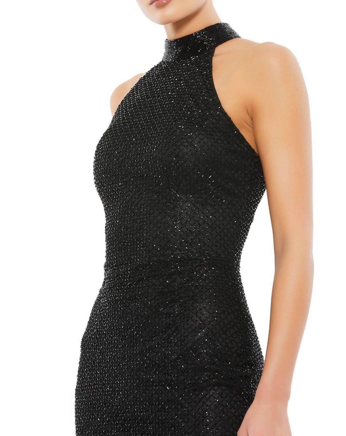 Mac Duggal - Beaded High Neck Halter Midi Dress Sleeveless