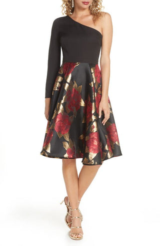 Chi Chi London Roslin One-Shoulder Jacquard Cocktail Dress in Black at Nordstrom, Size 10
