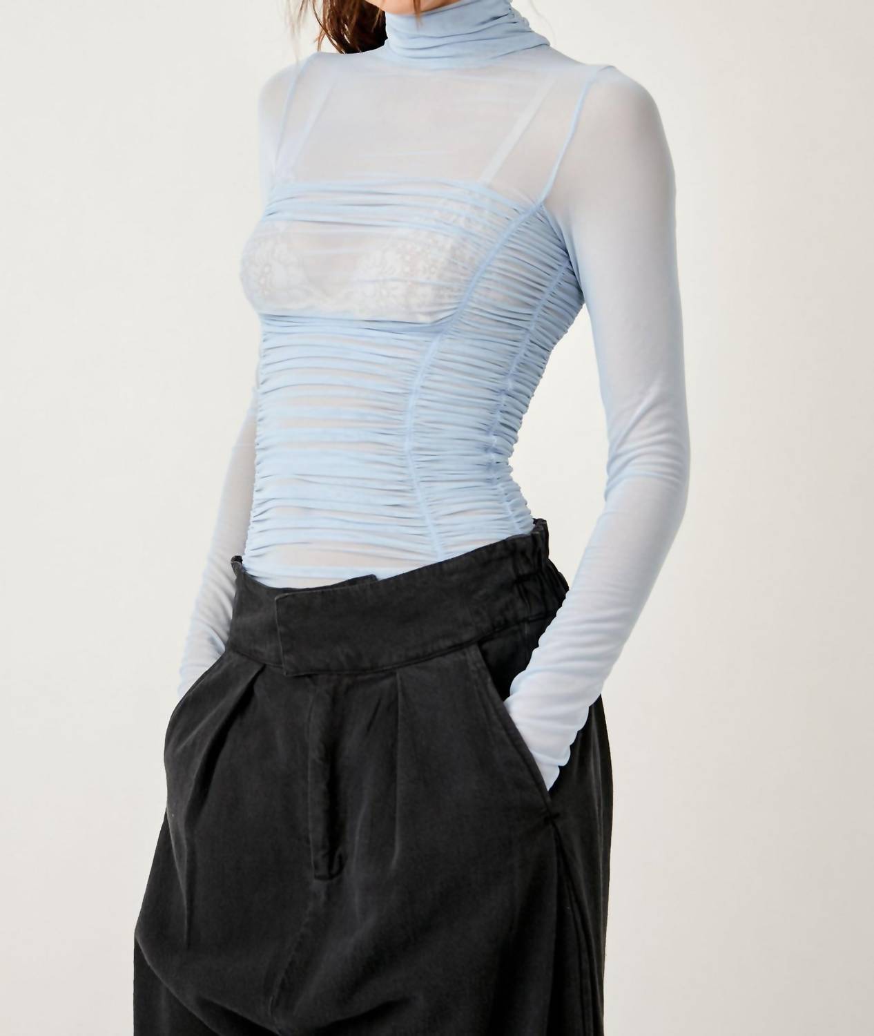 Free People - Under It All Ruched Mesh Turtleneck Bodysuit