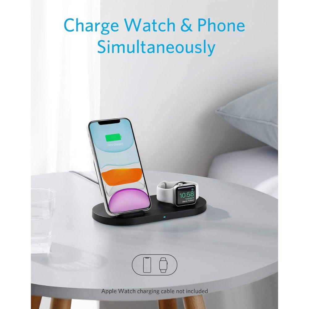 Anker Wireless Charging Station with QC Charger  PowerWave Sense 2-in-1 Stand with Watch Charging Holder for Apple Watch SE/6/5/4/3/2/1  iPhone SE 2020  11  11 Pro (Watch Charging Cable Not Included)
