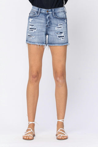 Judy Blue - Patch + Wash-out Jean Shorts