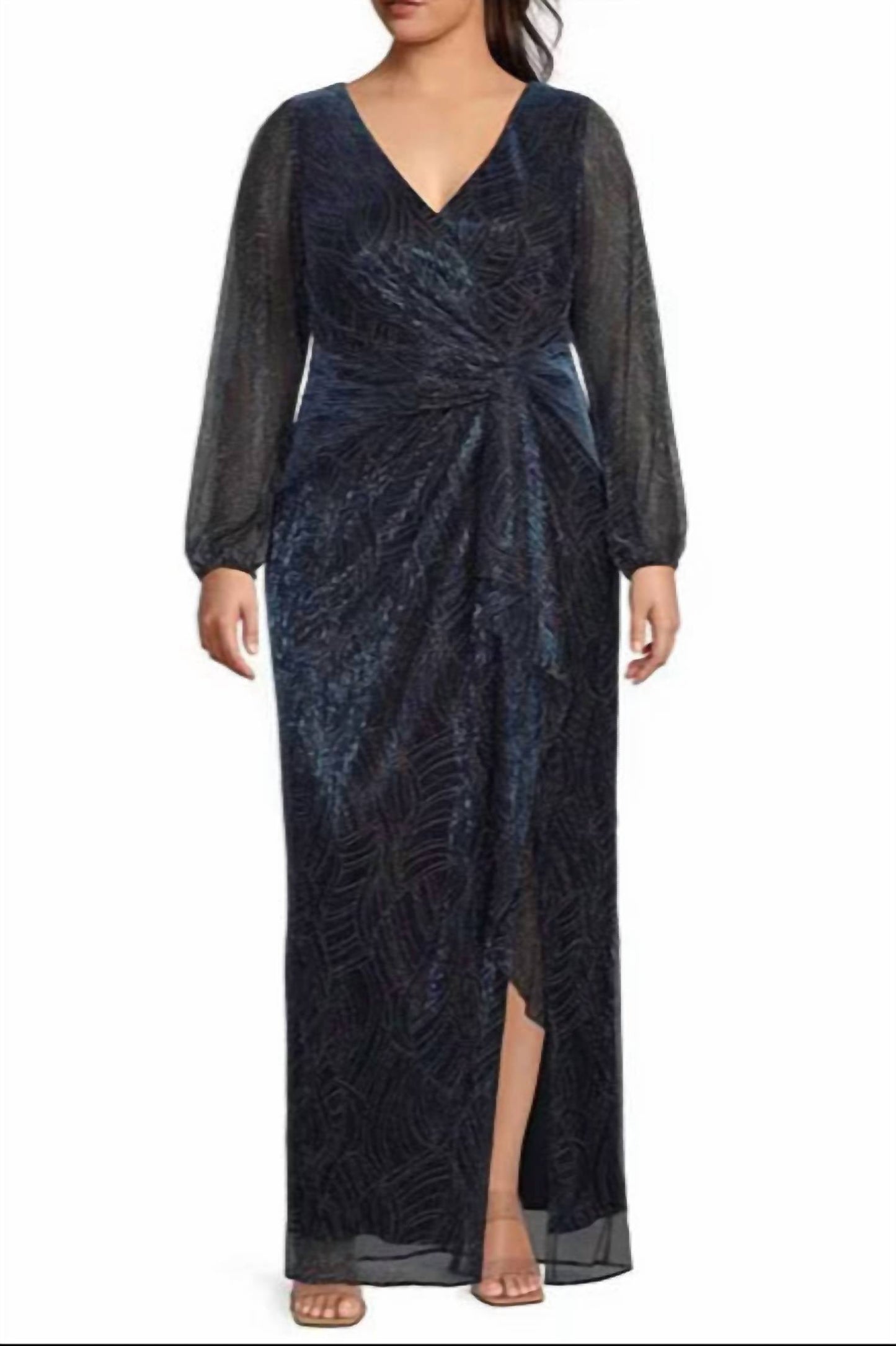 Adrianna Papell - Metallic Mesh Surplice V-neck Long Sleeve A-line Dress - Plus