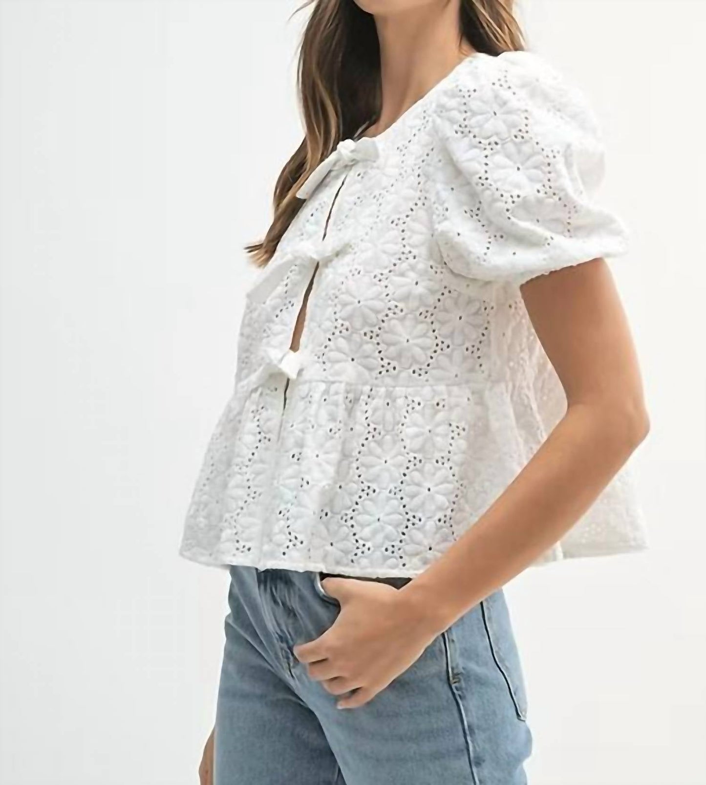 Mable - Eyelet Puff Sleeve Front Tie Peplum Top