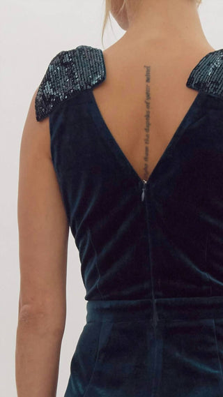 Entro - Velvet Sequin Bow Shoulder Jumpsuit