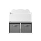 Bookshelf With Storage Bins, Bookcase With Book Display Shelf And 2 Bins, Cute Bear Shaped Backboard, Toy Organizer - White