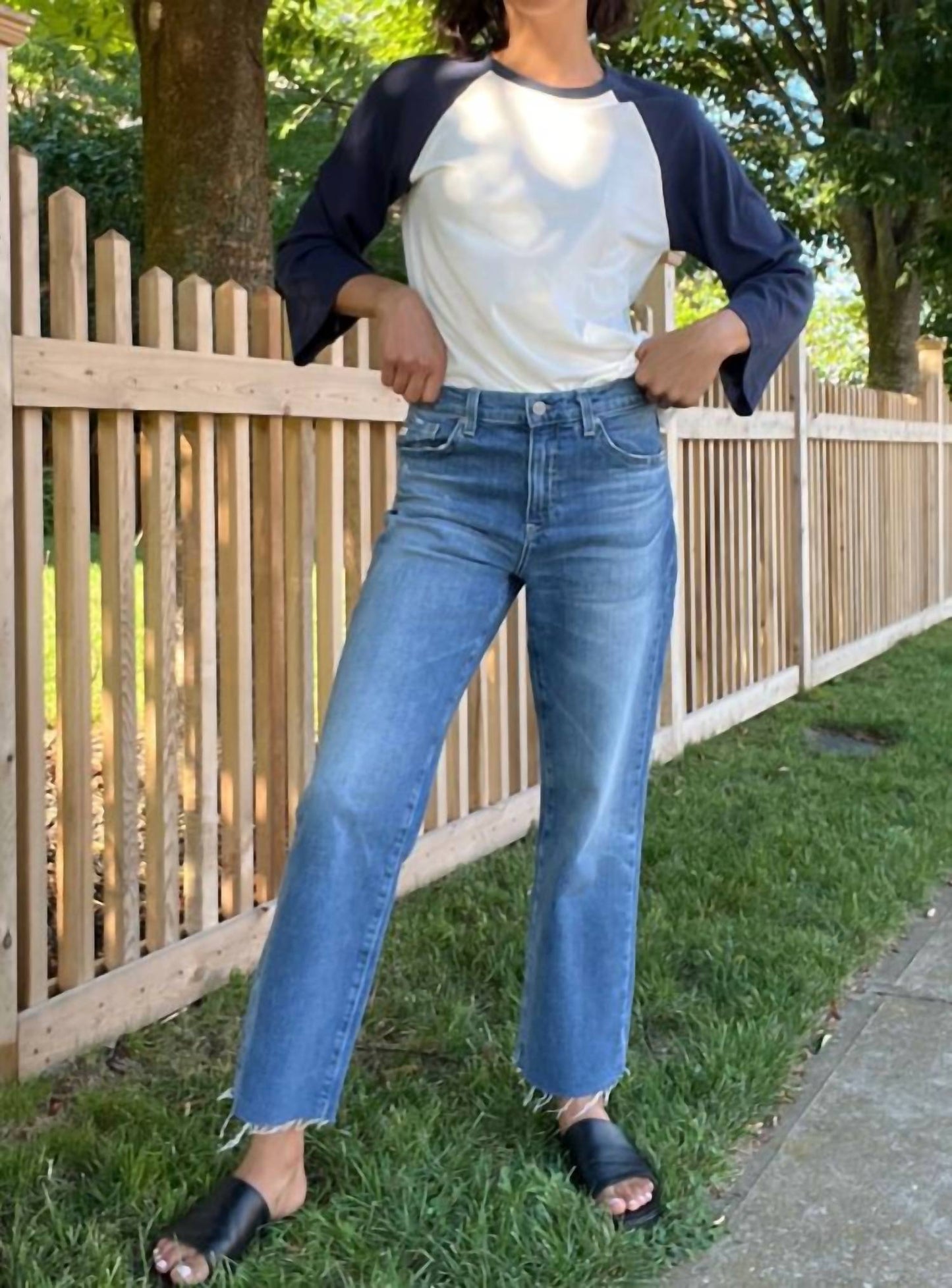 Bobi - Color Block Crew Neck Raglan Top