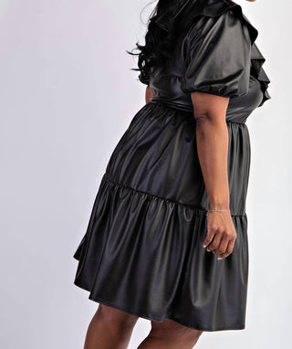 The Curve La - Plus Size Faux Leather Tiered Puff Sleeve Short Dress