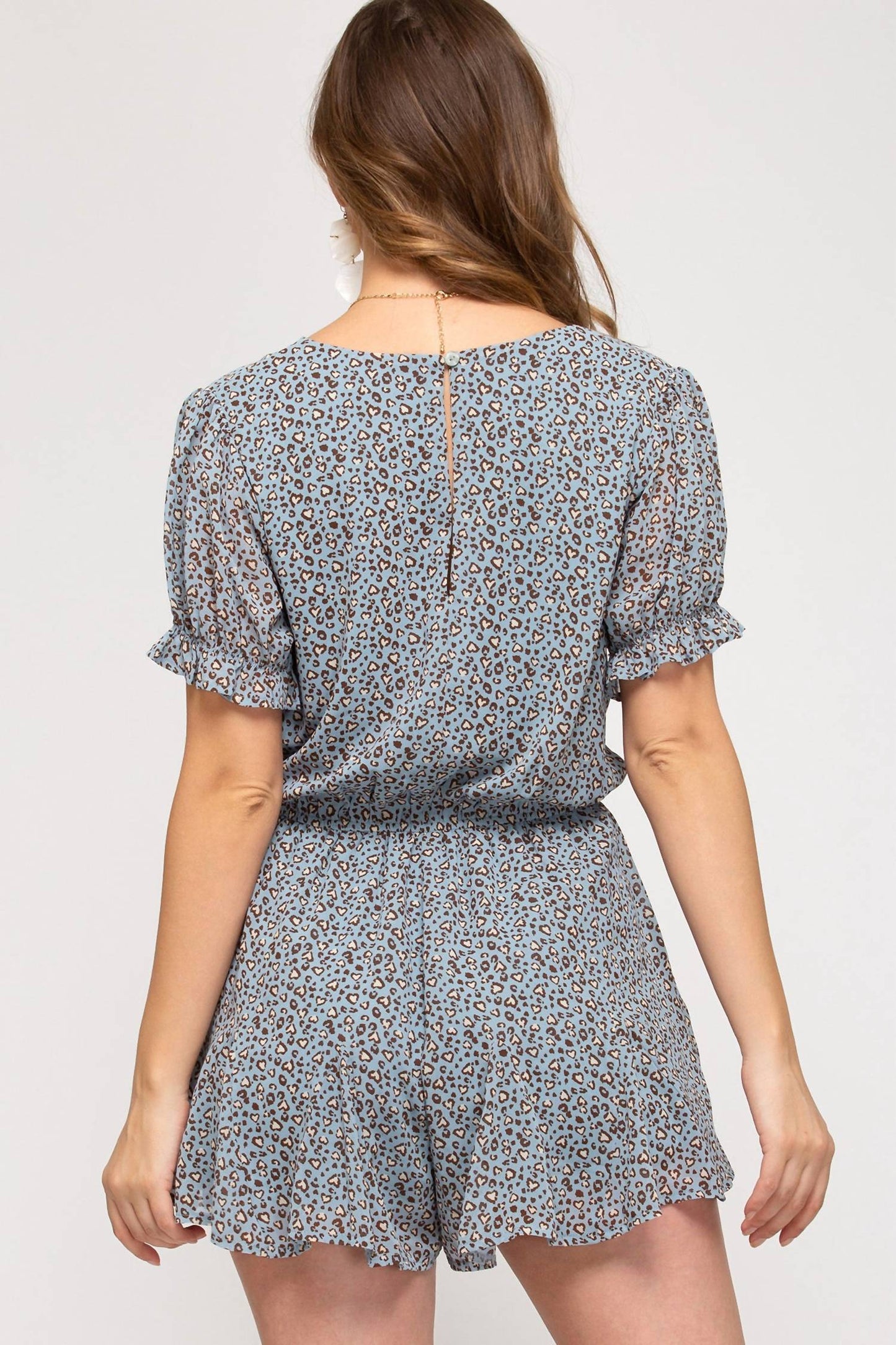 She + Sky - Heart Print V Neck Romper