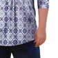 On The Plus Side - Printed Pleated 3/4 Sleeve Mandarin Collar Tunic Top
