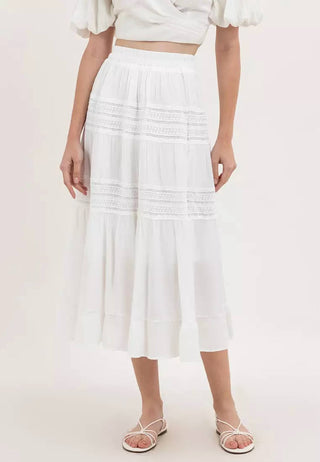 Adora - Cotton & Crochet Inset Elastic Waist Midi Skirt