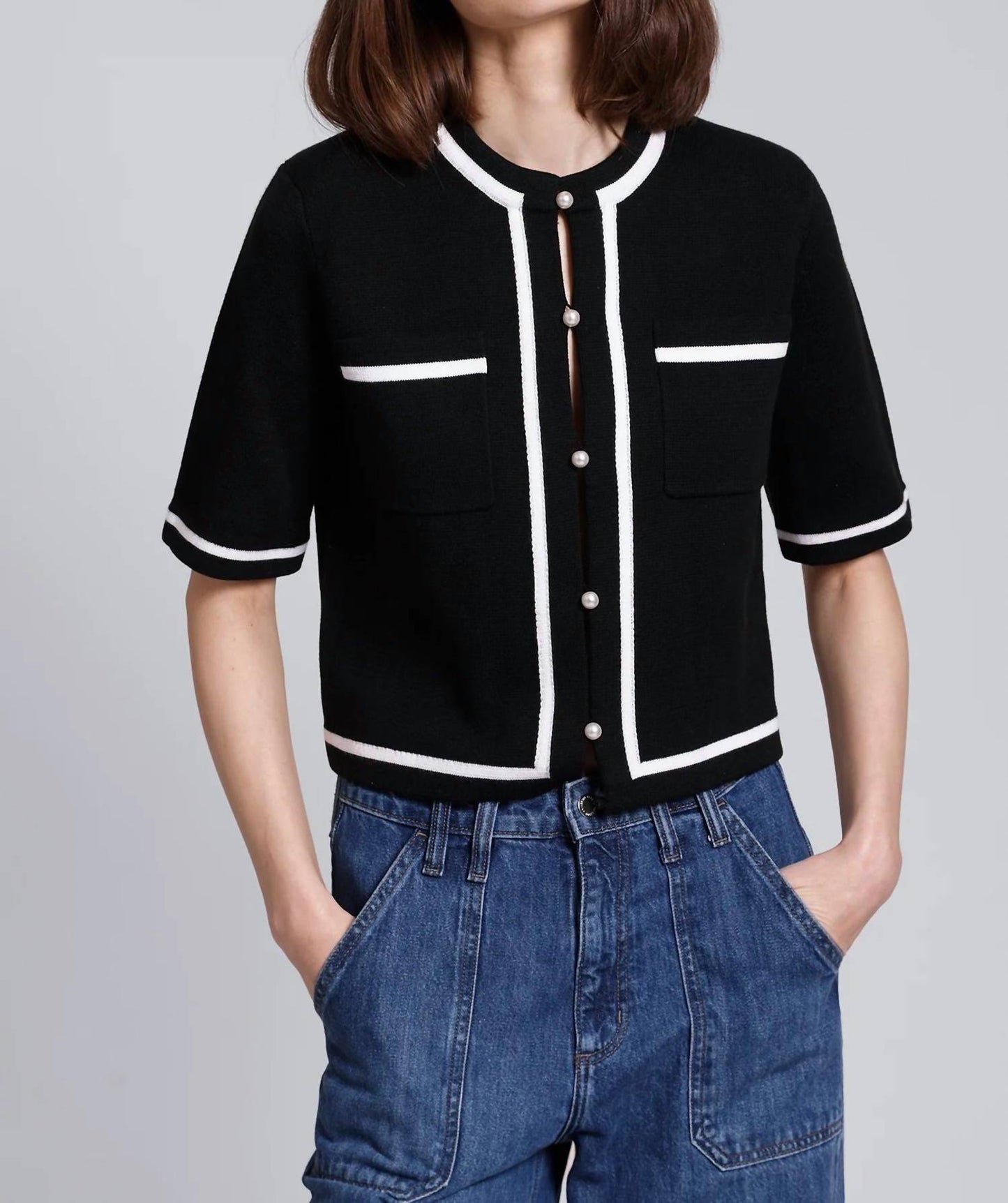 Minnie Rose - Short Sleeve Tipped Cropped Jacket
