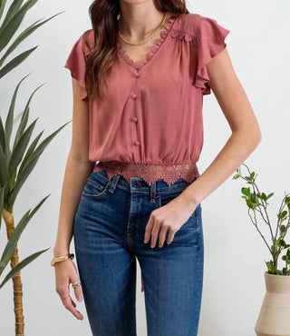 Blu Pepper - Scallop Lace Trim Back Tie Short Sleeve Crop Top