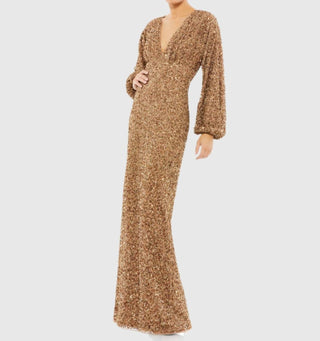 Mac Duggal - Sequined Puff Sleeve V Neck Gown