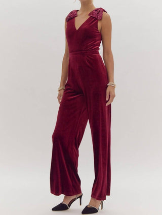Entro - Velvet Sequin Bow Shoulder Jumpsuit