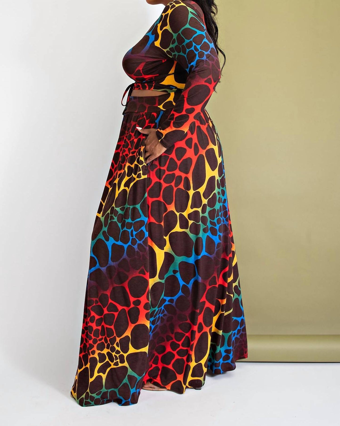 The Curve La - Plus Size Long Sleeve Surplice Wrap Top And Maxi Skirt Set
