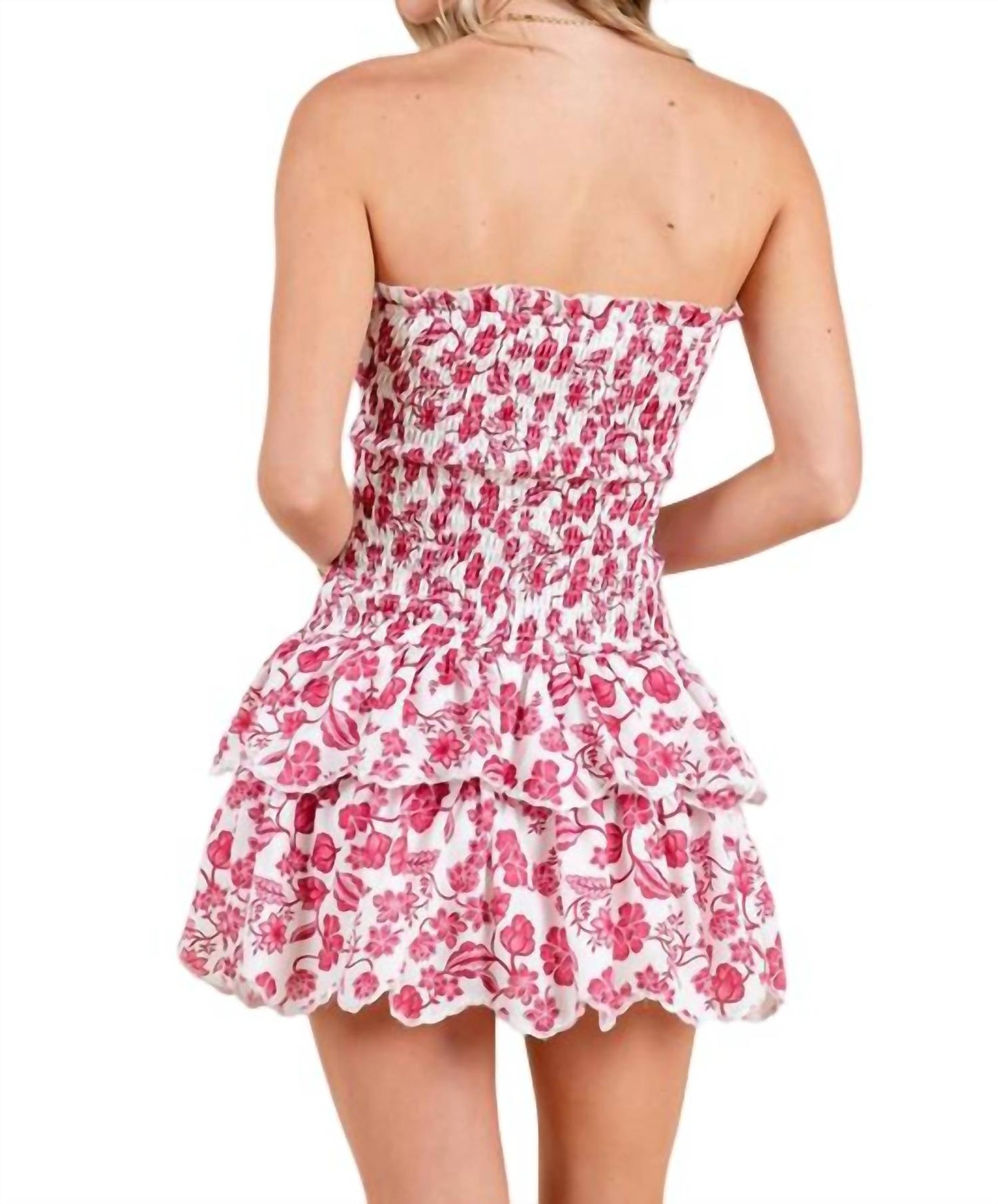 Baby Pink - Women's Printed Smocked Embroidered Mini Dress