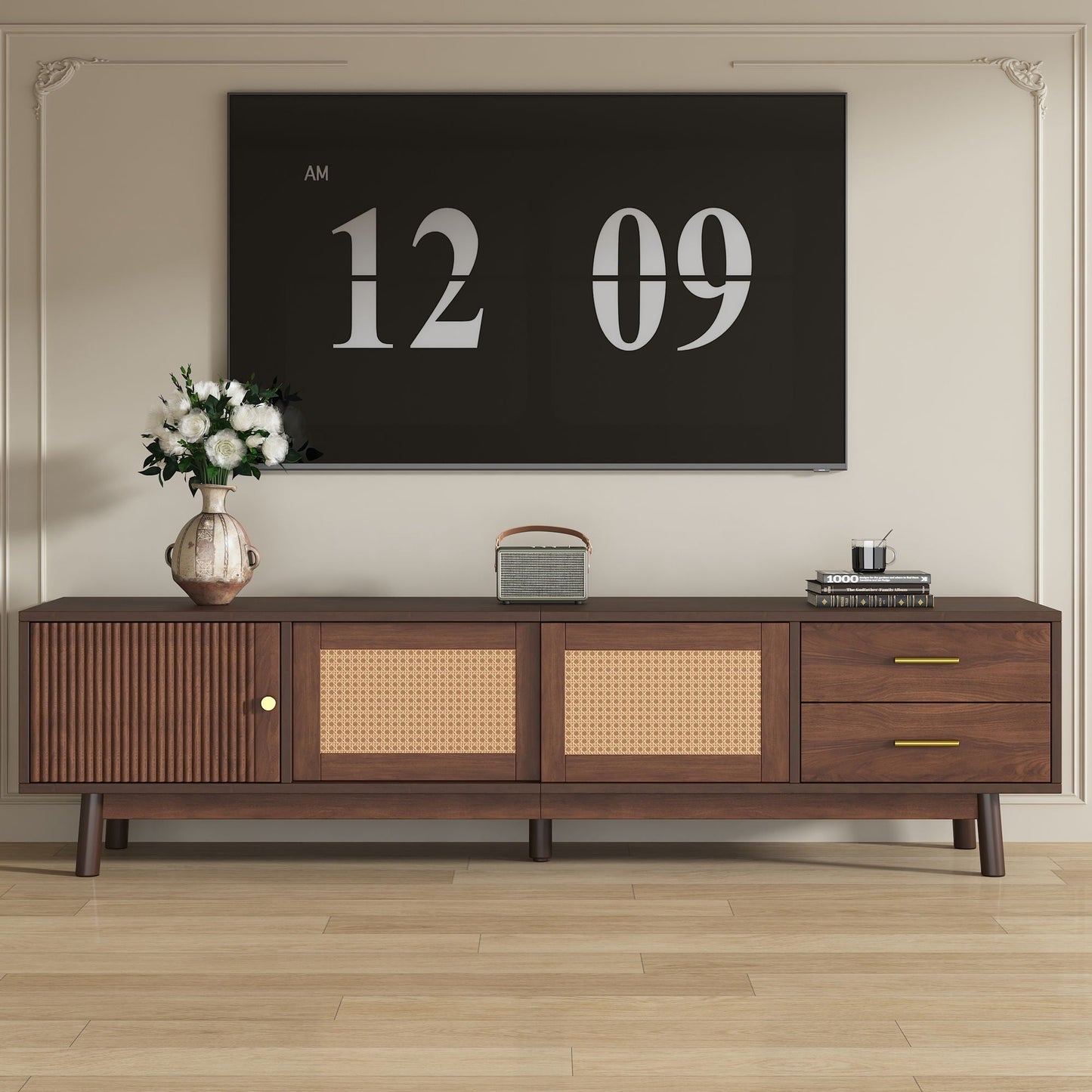 TV Stand for 80" TVs with Sliding Doors and Drawers - Dark Brown