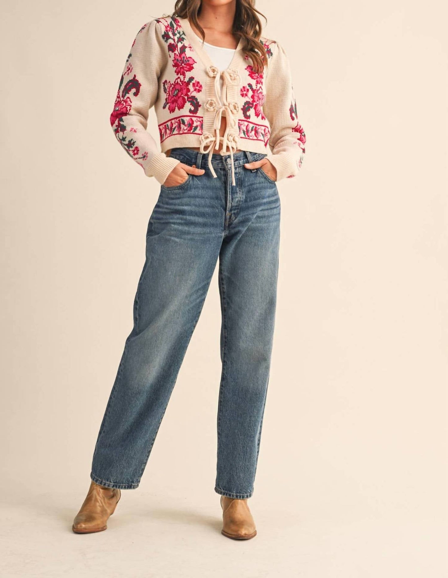 &Merci - Floral Knit Tie-front Cropped Sweater Cardigan
