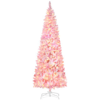 7.5ft Pre-lit Snow Flocked Artificial Christmas Tree with Pencil Shape, Warm White LED lights, Auto Open, Pink and White