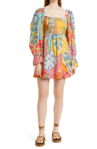FARM Rio Tapestry Long Sleeve Minidress - Yellow