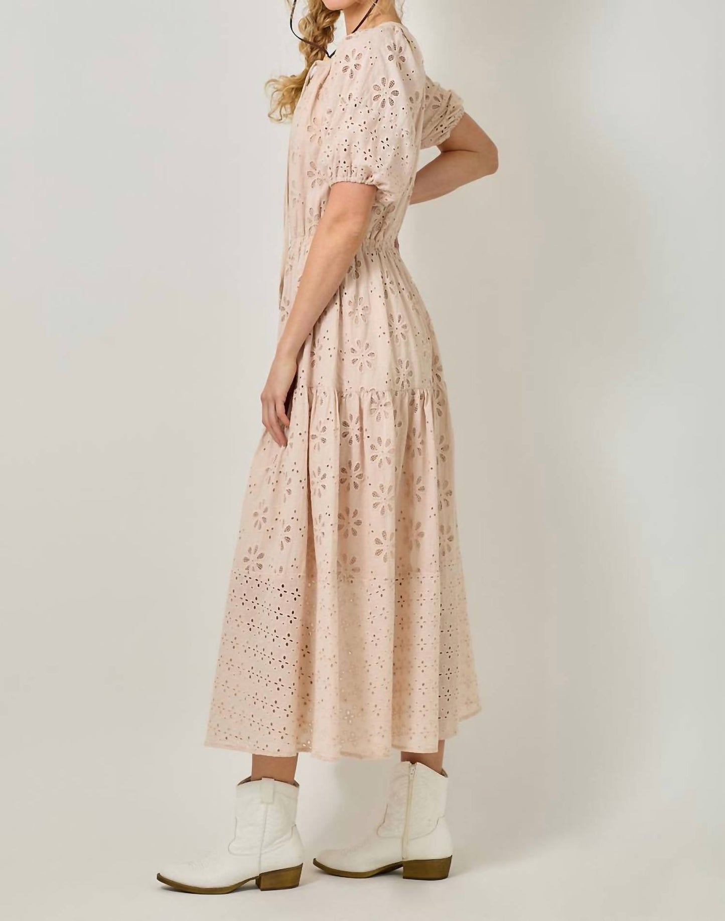 Mystree - Puff Sleeve Tiered Eyelet Dress