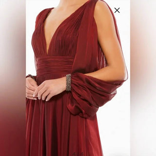 Mac Duggal - V-neck A-line Chiffon Gown Beaded Cuffs