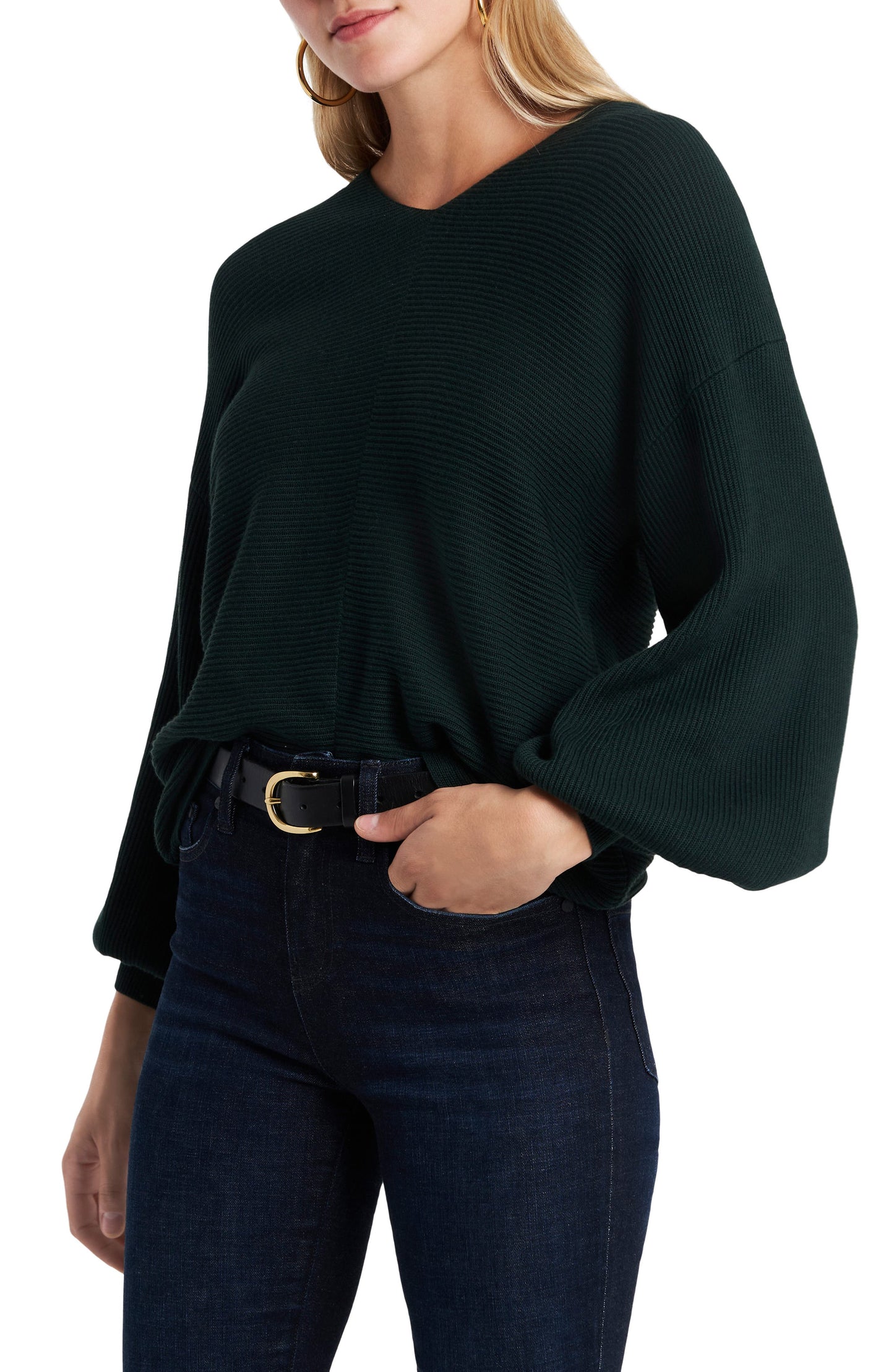 1.STATE Ribbed Balloon Sleeve Cotton Blend Sweater - Night Meadow