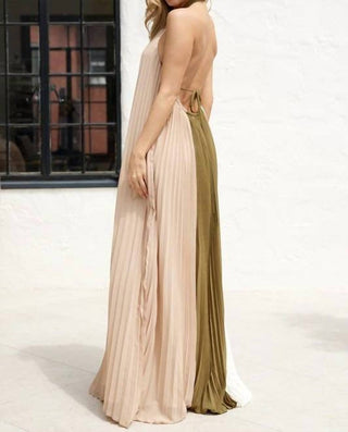 Eb Luxe - Halter Color Block Pleated Maxi Dress