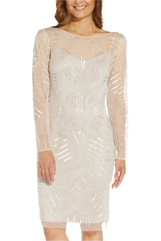 Adrianna Papell - Long Sleeve Embellished Mesh Dress