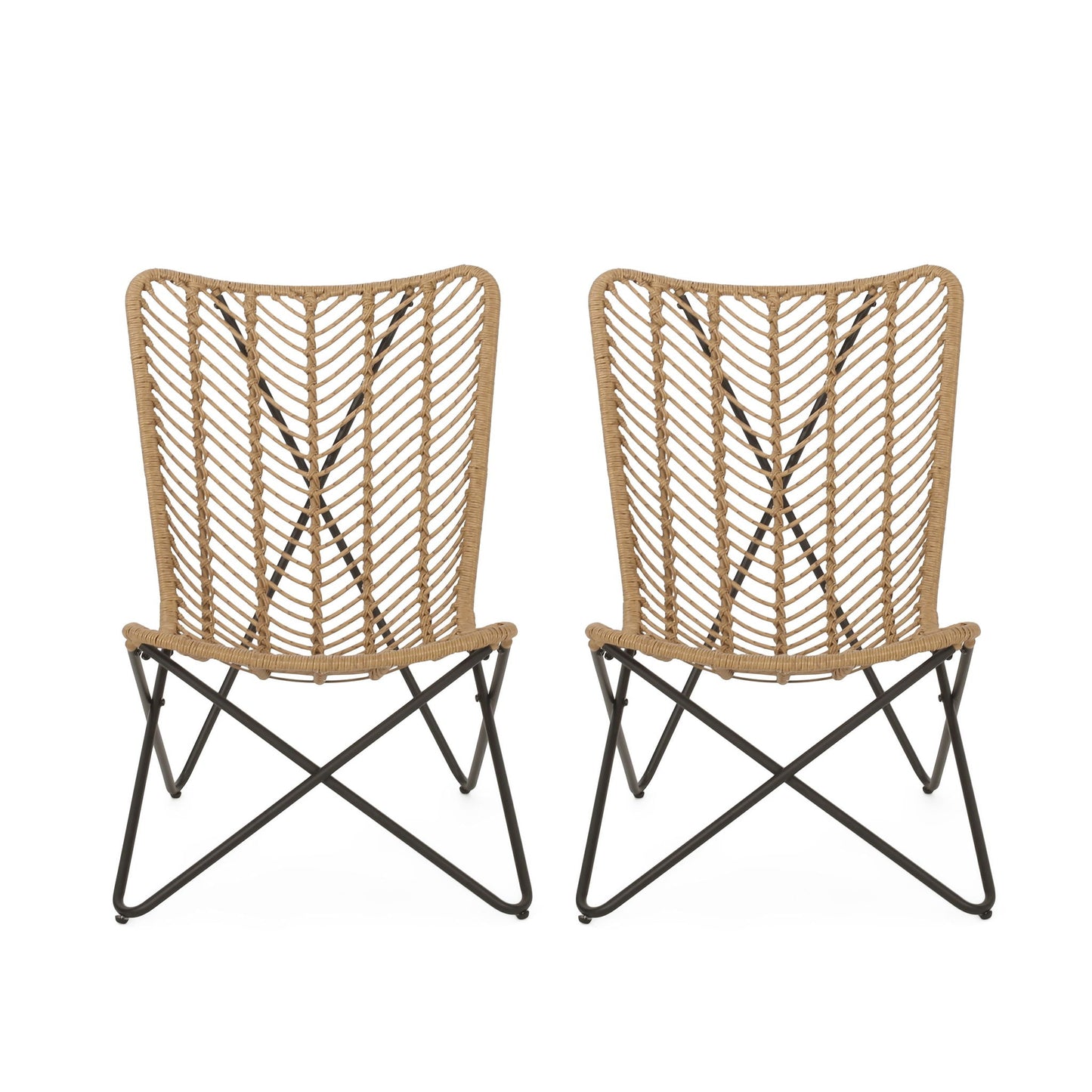 Wicker Chair with Geometric Cross Base (Set of 2) - Light Brown