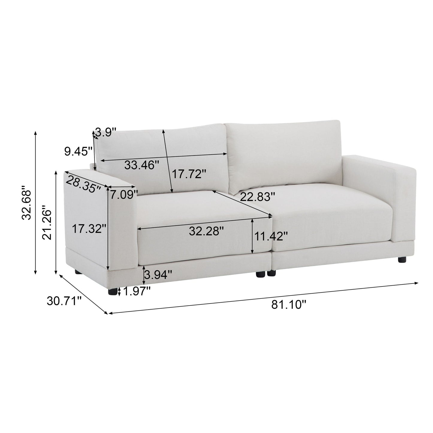 Modern Square Arm Sofa with Soft Fabric Upholstery and Deep Cushions