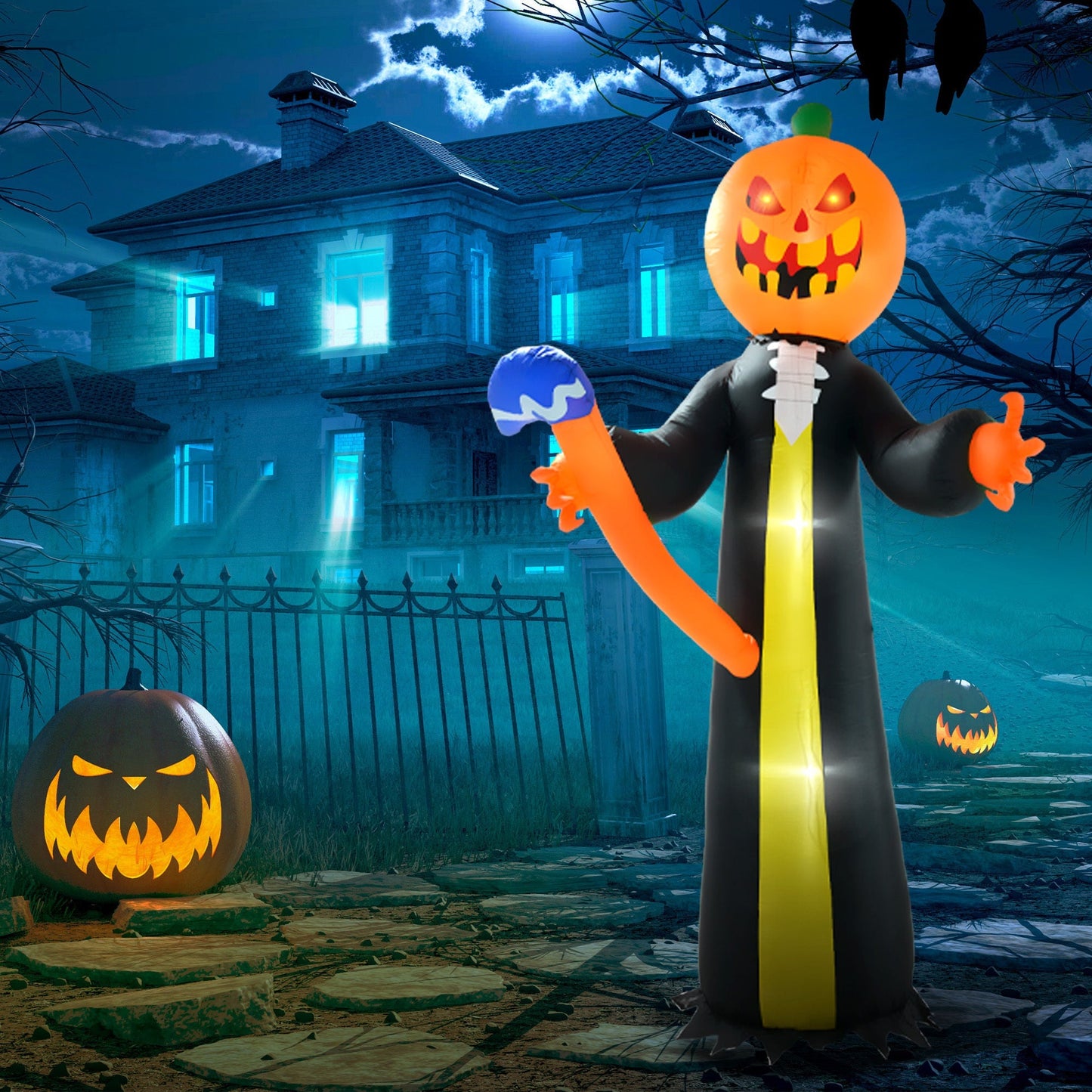 10-Foot Inflatable Pumpkin Ghost with LED Illumination and Hammer Prop