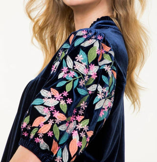 Thml - Embroidered Velvet Puff Sleeve Top