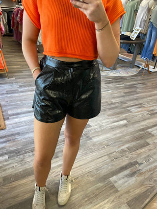 Entro - High Waisted Leather Shorts