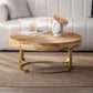 Modern Round Coffee Table with Wooden Carving Pattern and Metal Legs
