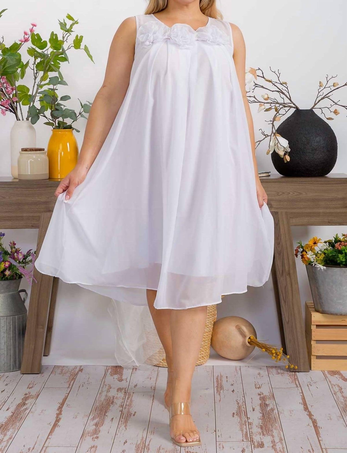 Karen T Design - Sleeveless A-line Midi Dress With Floral Detail