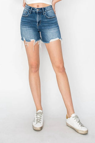 Trendsi - Risen High Rise Raw Hem Distressed Denim Shorts
