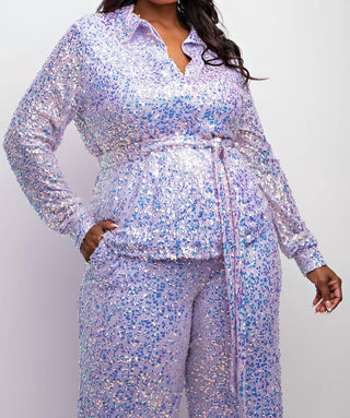The Curve La - Plus Size Sequins Shirt And Wide-leg Pants Set