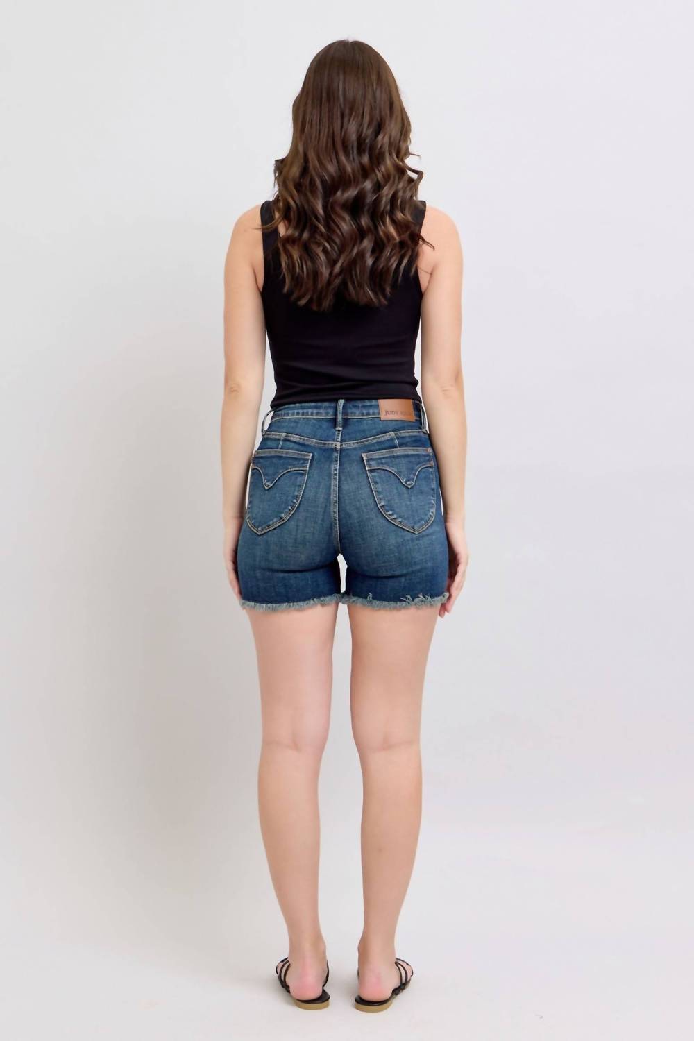 Judy Blue - High Waist Tummy Control Fray Hem & Shield Back Pockets Denim Short