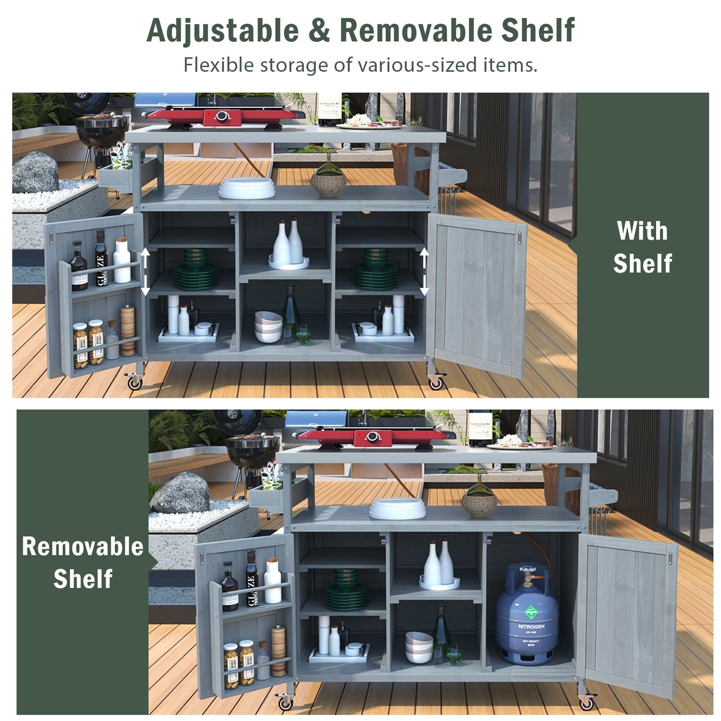 K&K Outdoor Kitchen Island, Rolling Bar Cart & Storage Cabinet