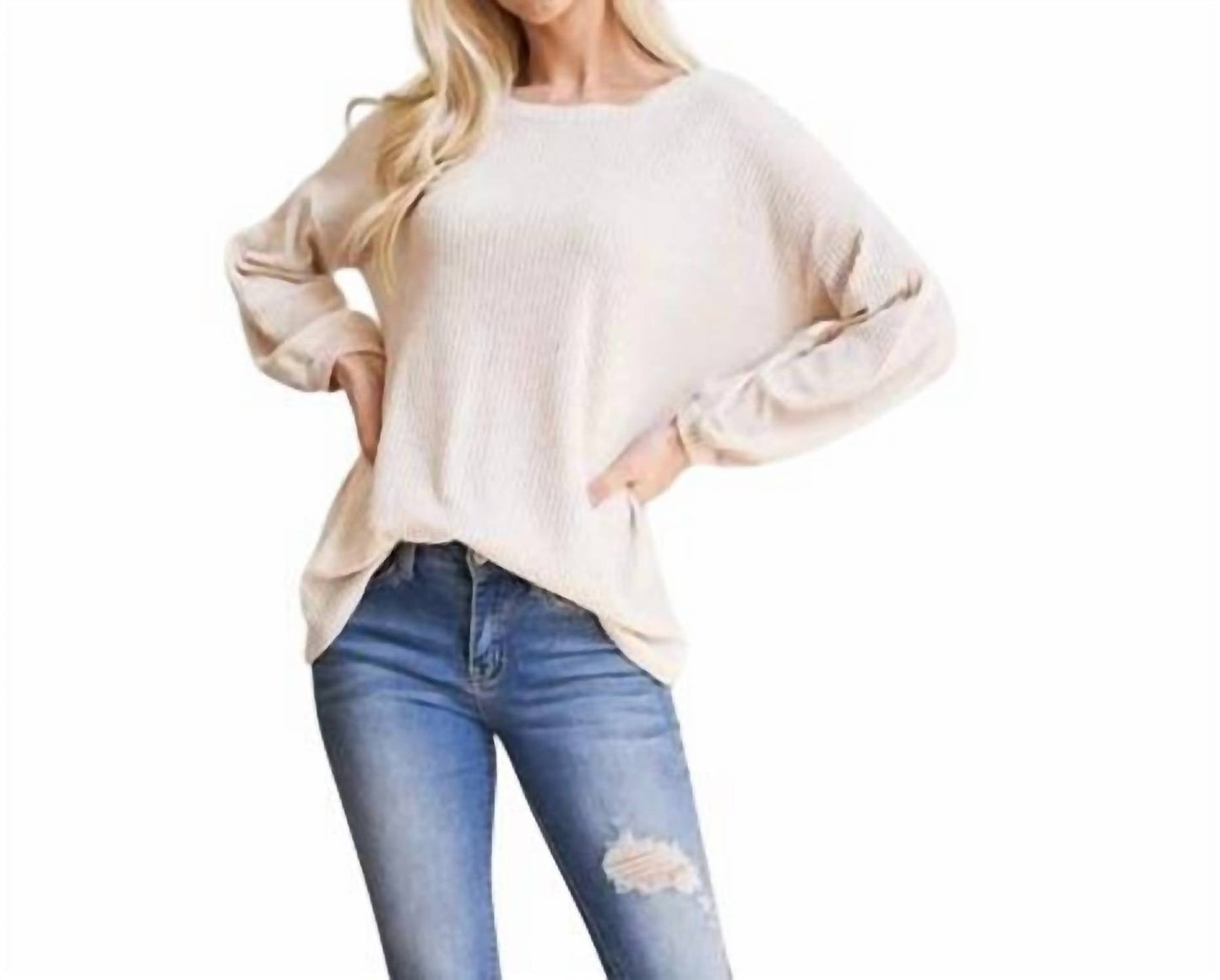 Wholesale Fashion Square - Plus Size Waffle Knit Puff Sleeve Sweater