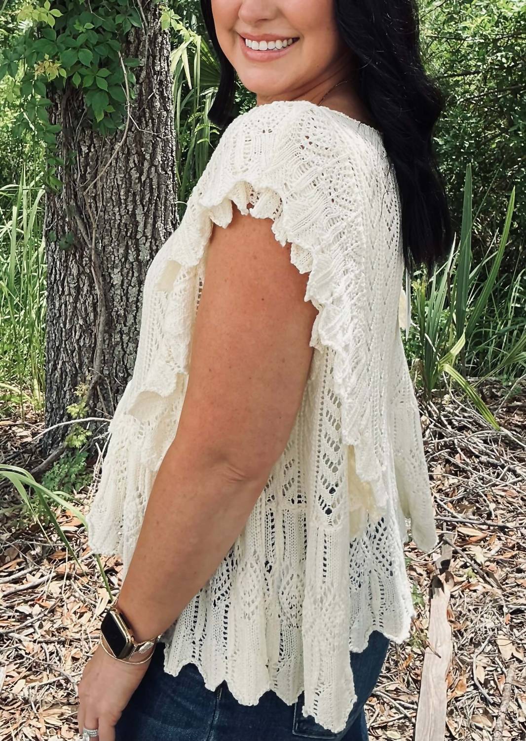 &Merci - Crochet Flutter Sleeve Sweater Top