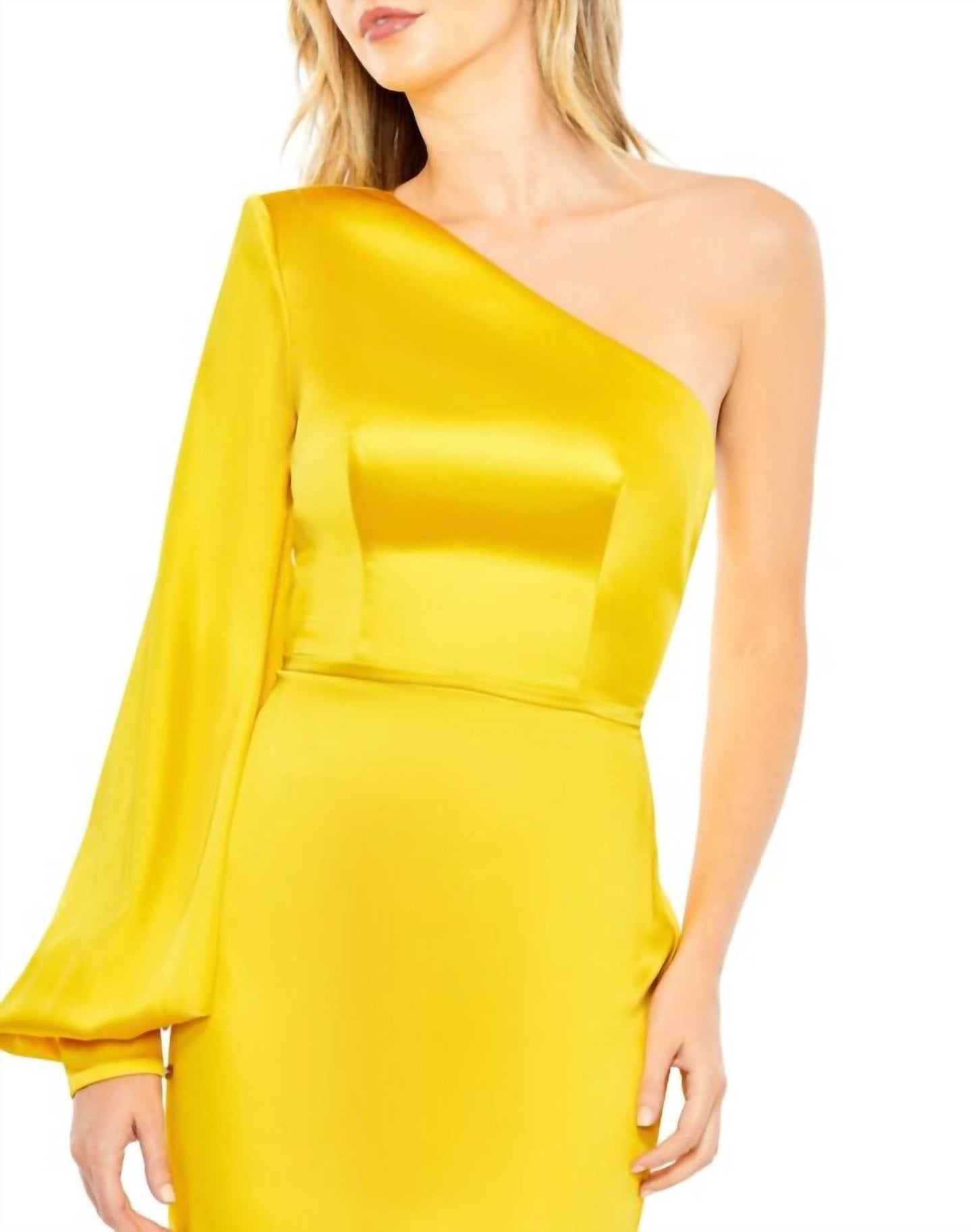 Ieena For Mac Duggal - Yellow One Shoulder Bishop Sleeve Trumpet Gown