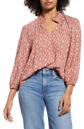 Caslon Floral Print Split Neck Shirt - Rust & Ivory Ikat Bloom