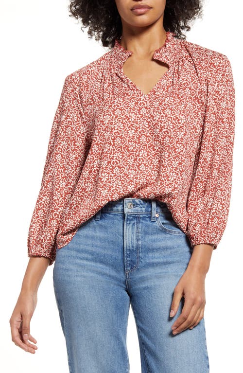 Caslon Floral Print Split Neck Shirt - Rust & Ivory Ikat Bloom