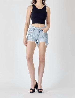 Risen - Frayed Hem Denim Shorts With Fringe Detail Pockets