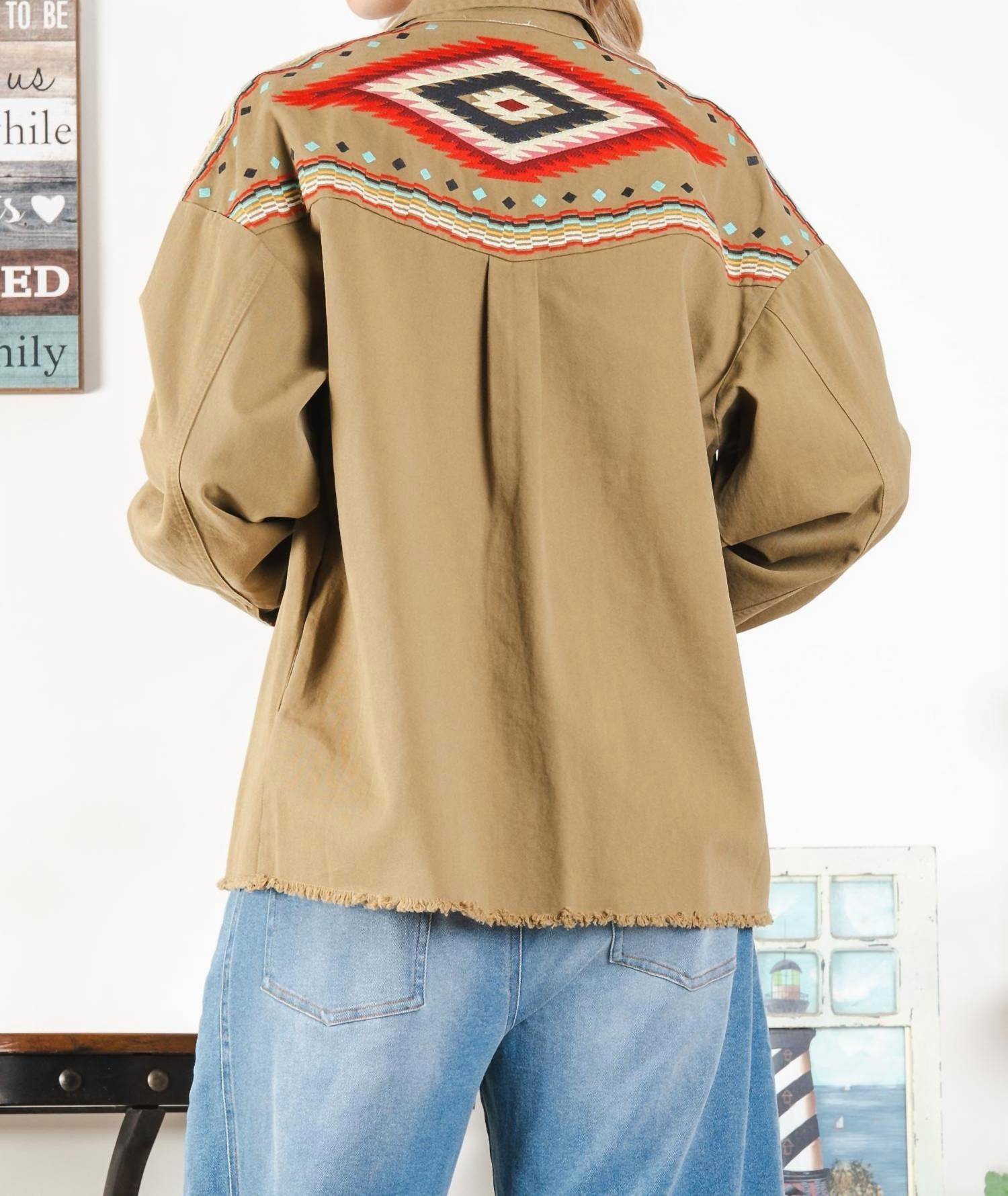 Blue Velvet - Women's Aztec Embroidered Button Down Twill Jacket